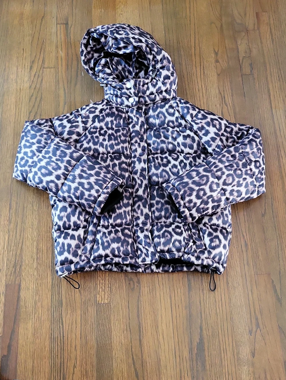Kids Leopard Print Puffer Jacket with Hood - Black/Brown
